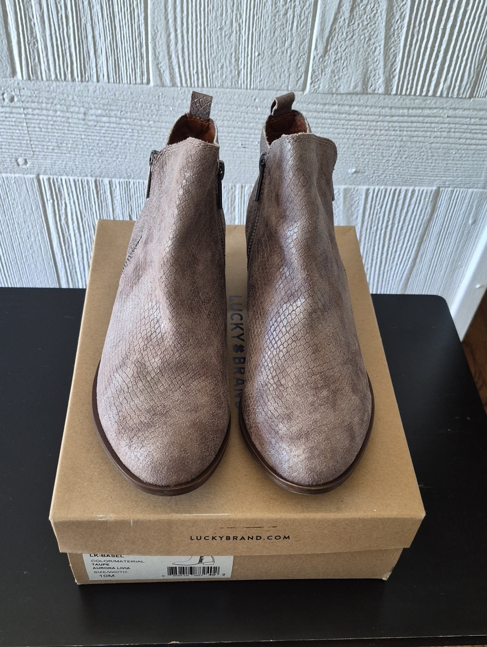Lucky Brand Taupe Snake-Texture Zip Ankle Booties